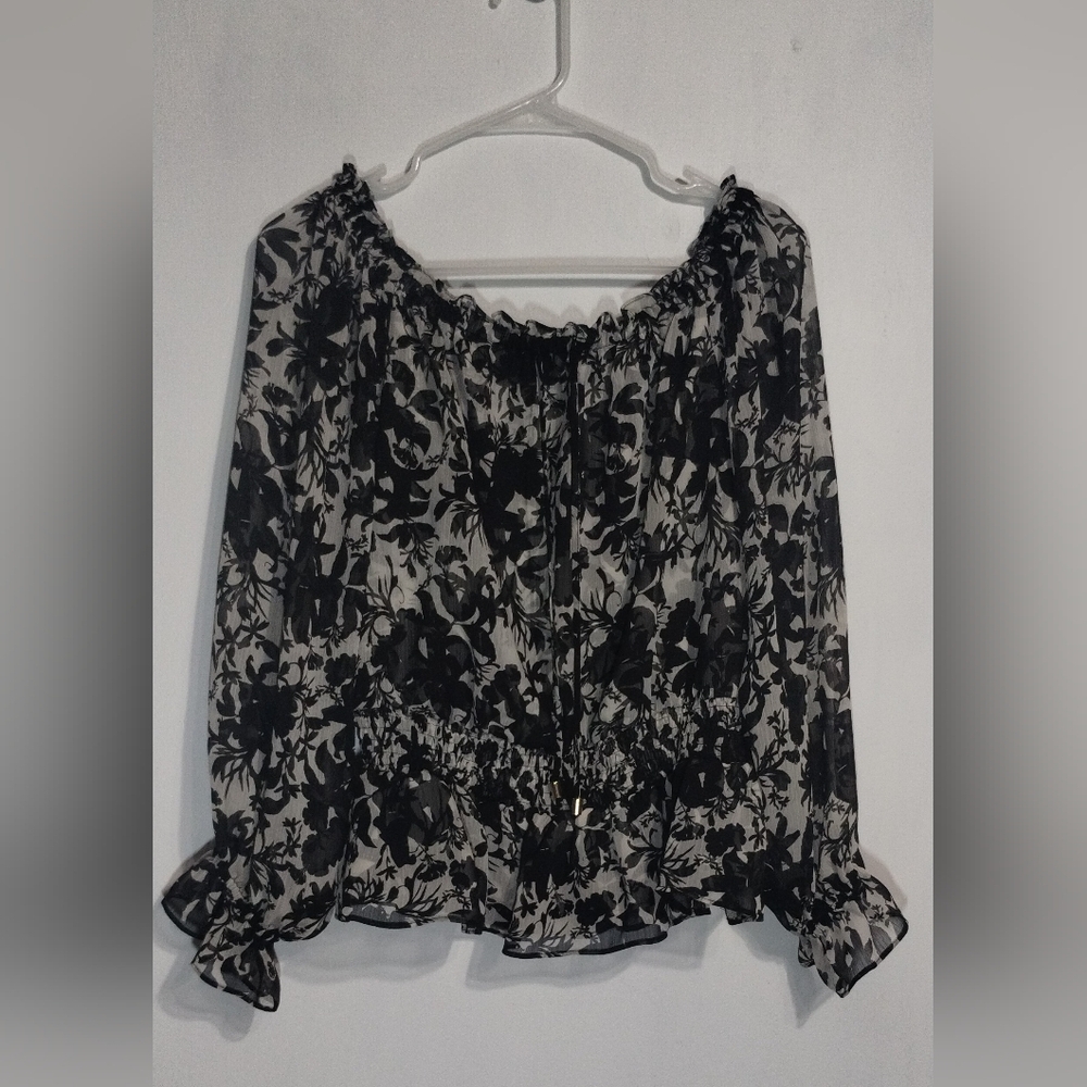 INC International Concepts Black and Cream Floral Blouse (M)